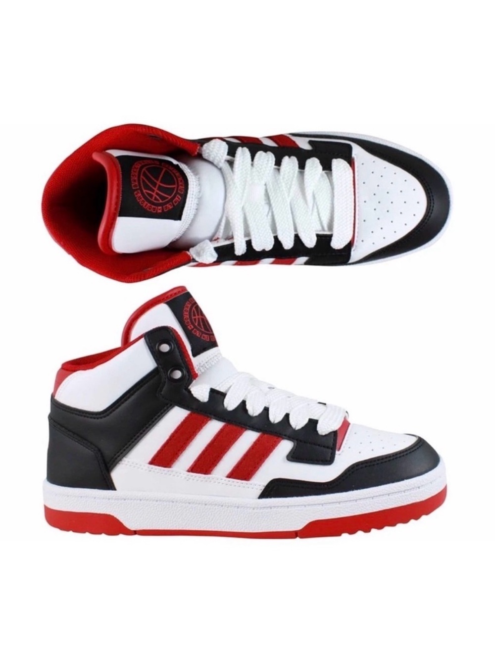 adidas Kids High-Top Sneakers in White, Black & Red
